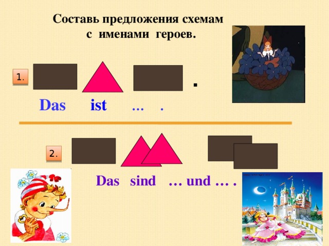 Составь предложения схемам с именами героев. . 1. Das  ist   … . 2. Das  sind   …  u nd … .