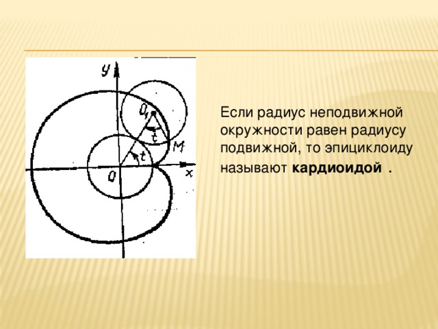 Если радиус неподвижной окружности равен радиусу подвижной, то эпициклоиду называют  кардиоидой   . 