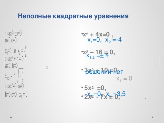 Неполные квадратные уравнения             х 2 + 4x=0 ,  х 2 – 16 = 0,   3x 2 + 10 =0 ,   5x 2 =0,  2x 2 - 7x = 0, . х 1 =0, x 2 =-4 х 1,2 = + 4  решений нет x 1 = 0  x 1 =0, x 2 =3,5 