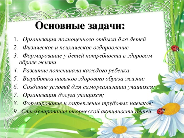 Основные задачи:  1.   Организация полноценного отдыха для детей 2.   Физическое и психическое оздоровление 3.   Формирование у детей потребности в здоровом образе жизни 4.   Развитие потенциала каждого ребенка 5.   Выработка навыков здорового образа жизни; 6.   Создание условий для самореализации учащихся; 7.   Организация досуга учащихся; 8.   Формирование и закрепление трудовых навыков; 9. Стимулирование творческой активности детей.  