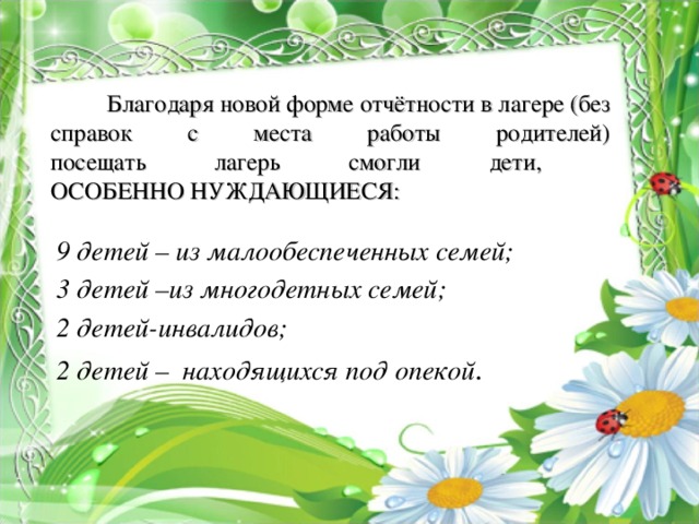   Благодаря новой форме отчётности в лагере (без справок с места работы родителей)  посещать лагерь смогли дети,  ОСОБЕННО НУЖДАЮЩИЕСЯ: 9 детей – из малообеспеченных семей; 3 детей –из многодетных семей; 2 детей-инвалидов; 2 детей – находящихся под опекой . 