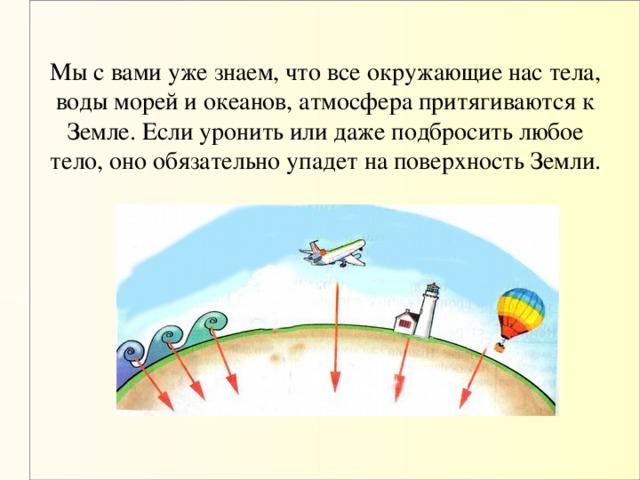 Мы с вами уже знаем, что все окружающие нас тела, воды морей и океанов, атмосфера притягиваются к Земле. Если уронить или даже подбросить любое тело, оно обязательно упадет на поверхность Земли.