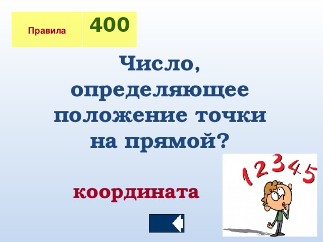 Правила  400 Число, определяющее  положение точки на прямой?   координата