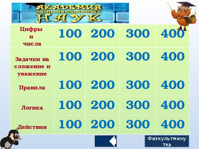 Цифры и числа  Задачки на сложение и уважение 100  Правила 200 100 100  Логика 300 200  Действия 300 200 400 100 100 400 200 300 300 200 400 400 300 400 Физкультминутка