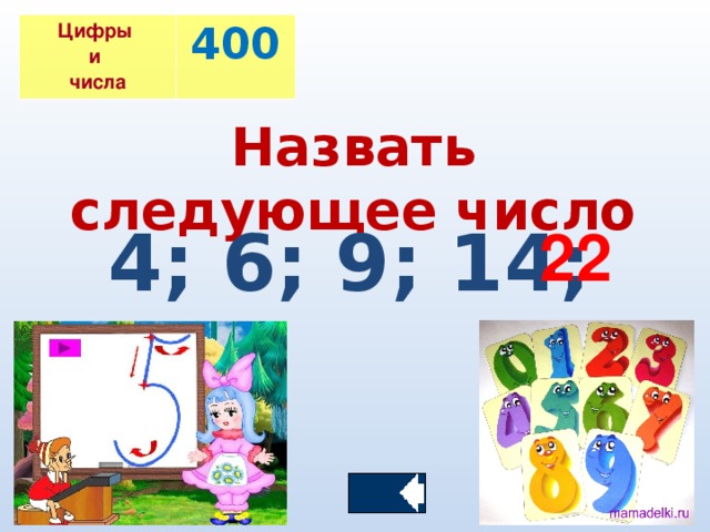 Цифры и числа 400 4; 6; 9; 14; Назвать следующее число 22 …