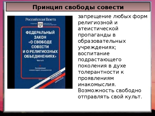 Принцип свободы совести запрещение любых форм религиозной и атеистической пропаганды в образовательных учреждениях; воспитание подрастающего поколения в духе толерантности к проявлениям инакомыслия. Возможность свободно отправлять свой культ. 