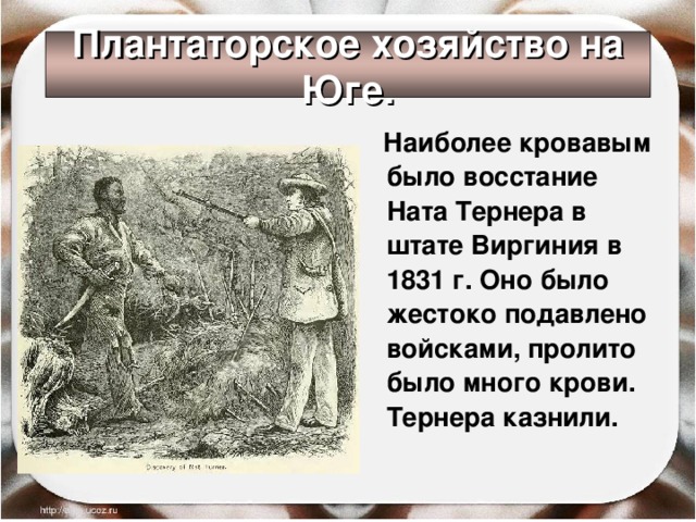 Плантаторское хозяйство на Юге.  Наиболее кровавым было восстание Ната Тернера в штате Виргиния в 1831 г. Оно было жестоко подавлено войсками, пролито было много крови. Тернера казнили. 