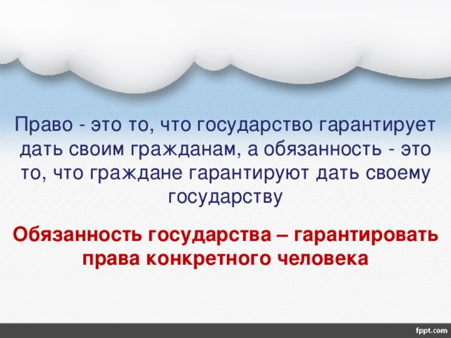 Право - это то, что государство гарантирует дать своим гражданам, а обязанность - это то, что граждане гарантируют дать своему государству Обязанность государства – гарантировать права конкретного человека 