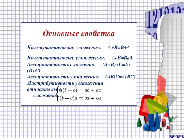  Основные свойства Коммутативность сложения. A+B=B+A Коммутативность умножения. A . B=B . A Ассоциативность сложения. (A+B)+C=A+(B+C) Ассоциативность умножения. (AB)C=A(BC) Дистрибутивность умножения относительно  сложения.  