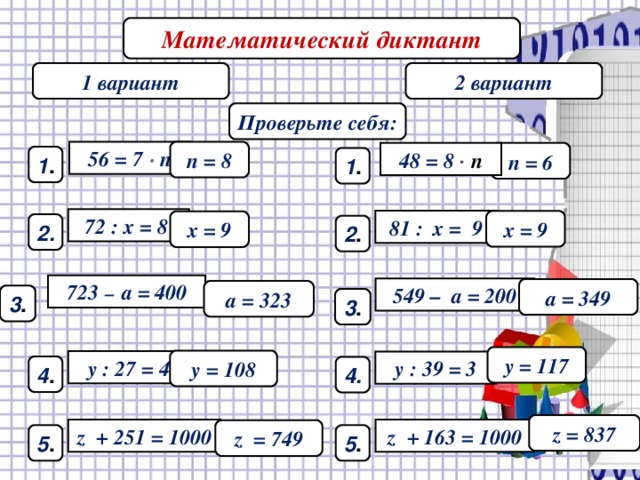 Математический диктант 1 вариант 2  вариант Проверьте себя: 5 6 = 7   n n = 8 4 8 = 8    n n = 6 1 . 1 . 72 : x = 8 81 : x = 9 x = 9 x = 9 2 . 2 . 723 –  a = 400 549 – a = 200 a = 349 a = 323 3 . 3 . y = 117 y = 108 y : 27 = 4 y : 39 = 3 4 . 4 . z = 837 z + 163 = 1000 z + 251 = 1000 z = 749 5 . 5 . 15 