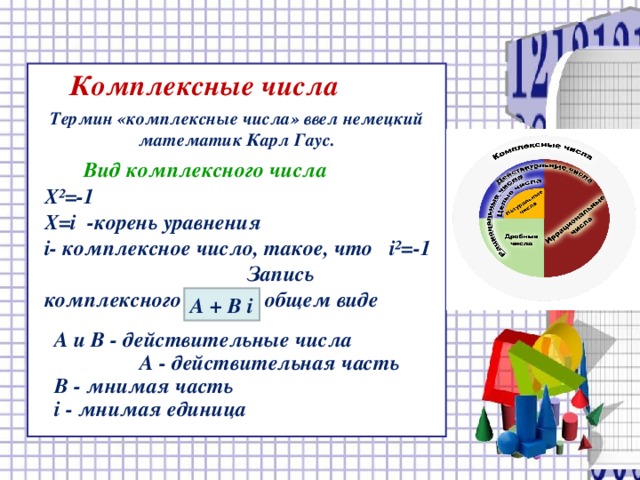 Комплексные числа  Термин «комплексные числа» ввел немецкий математик Карл Гаус.  Вид комплексного числа Х ² =-1 Х =i -корень уравнения i - комплексное число, такое, что i²=-1 Запись комплексного числа в общем виде   А + В i А и В - действительные числа А - действительная часть В - мнимая часть i - мнимая единица 15 