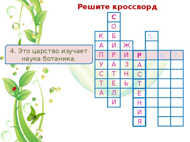 Решите кроссворд С О К Б А И П Ж Р У И А С Т З Т Е Н А Ь Л И 5. 4. Это царство изучает наука ботаника. 4. 7. 6. Р А С Т Е Н И Я 