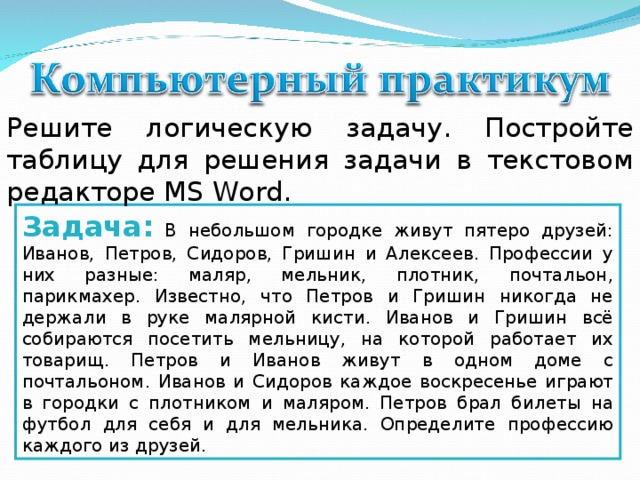 Решите логическую задачу. Постройте таблицу для решения задачи в текстовом редакторе MS Word. Задача:  В небольшом городке живут пятеро друзей: Иванов, Петров, Сидоров, Гришин и Алексеев. Профессии у них разные: маляр, мельник, плотник, почтальон, парикмахер. Известно, что Петров и Гришин никогда не держали в руке малярной кисти. Иванов и Гришин всё собираются посетить мельницу, на которой работает их товарищ. Петров и Иванов живут в одном доме с почтальоном. Иванов и Сидоров каждое воскресенье играют в городки с плотником и маляром. Петров брал билеты на футбол для себя и для мельника. Определите профессию каждого из друзей.