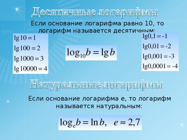 Десятичный логарифм. Основание логарифма. LG натуральный логарифм. Десятичные и натуральные логарифмы. Логарифм по основанию 10 называется.