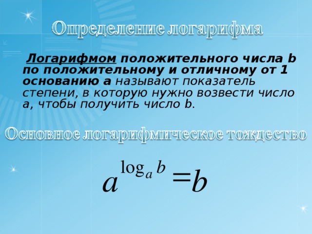  Логарифмом положительного числа b по положительному и отличному от 1 основанию а называют показатель степени, в которую нужно возвести число а, чтобы получить число b .  log b a b а 