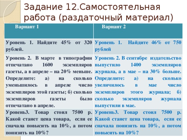 Задание 12.Самостоятельная работа (раздаточный материал)  Вариант 1 Вариант 2 Уровень 1. Найдите 45% от 320 рублей. Уровень 1. Найдите 46% от 750 рублей Уровень 2. В марте в типографии отпечатано 1600 экземпляров газеты, а в апреле – на 20% меньше. Определите: а) на сколько уменьшилось в апреле число экземпляров этой газеты; б) сколько экземпляров газеты было отпечатано в апреле. Уровень 2. В сентябре издательство выпустило 1400 экземпляров журнала, а в мае – на 30% больше. Определите: а) на сколько увеличилось в мае число экземпляров этого журнала; б) сколько экземпляров журнала выпустили в мае. Уровень3. Товар стоил 7500 р. Какой станет цена товара, если ее сначала повысить на 10%, а потом понизить на 10%? Уровень3. Товар стоил 7500 р. Какой станет цена товара, если ее сначала понизить на 10%, а потом повысить на 10%?