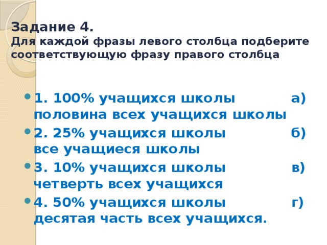 Задание 4.  Для каждой фразы левого столбца подберите соответствующую фразу правого столбца