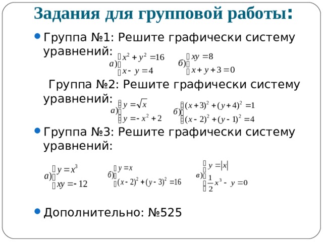 Задания для групповой работы : Группа №1: Решите графически систему уравнений:   Группа №2: Решите графически систему уравнений: Группа №3: Решите графически систему уравнений:    Дополнительно: №525 