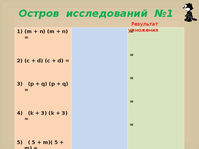  Остров исследований №1  Результат умножения (m + n) (m + n) =    (c + d) (c + d) = =    =    =    =    =    3) (p + q) (p + q) =    4) (k + 3 ) (k + 3 ) =    5) ( 5 + m)( 5 + m) =  