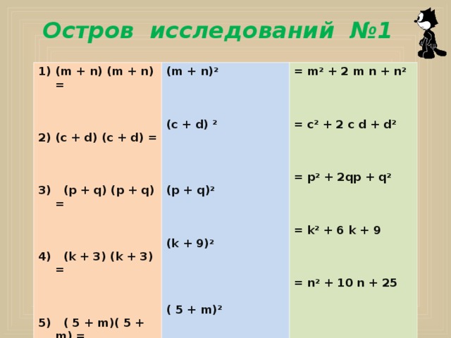  Остров исследований №1 (m + n) (m + n) =    (m + n) 2     (c + d) 2     (p + q) 2     (k + 9 ) 2     ( 5 + m) 2  (c + d) (c + d) = = m 2 + 2 m n + n 2     = c 2 + 2 c d + d 2     = p 2 + 2qp + q 2     = k 2 + 6 k + 9    = n 2 + 10 n + 25    3) (p + q) (p + q) =    4) (k + 3 ) (k + 3 ) =    5) ( 5 + m)( 5 + m) =  