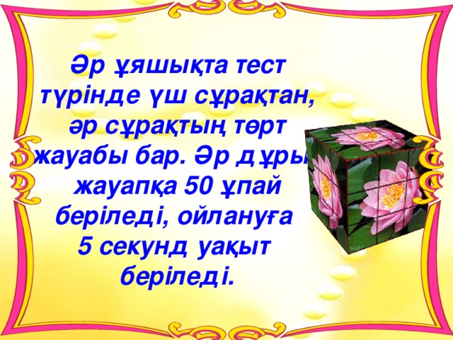 Әр ұяшықта тест түрінде үш сұрақтан, әр сұрақтың төрт жауабы бар. Әр дұрыс жауапқа 50 ұпай беріледі, ойлануға 5 секунд уақыт беріледі. 