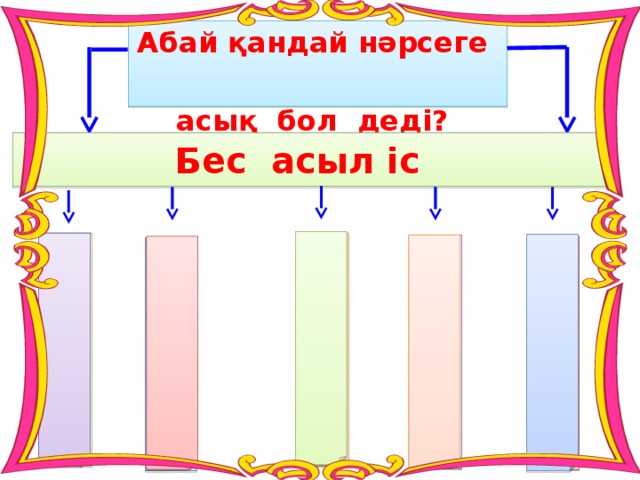 Т а л а п Е ң б е к Терең ой Қ а н а ғ а т Р а қ ы м Абай қандай нәрсеге   асық бол деді?   Бес асыл іс 