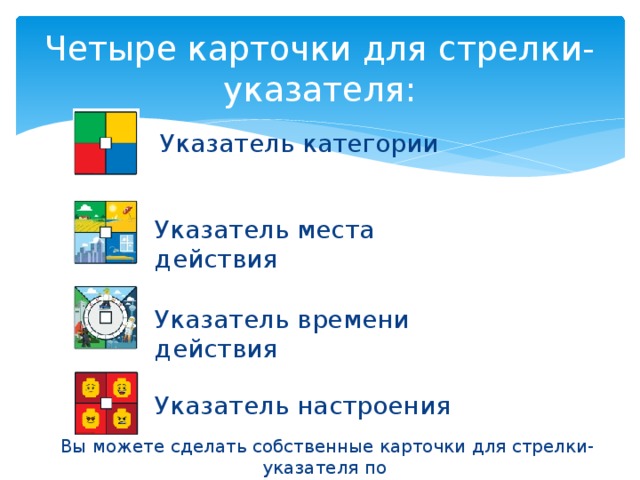 Четыре карточки для стрелки-указателя: Указатель категории Указатель места действия Указатель времени действия Указатель настроения Вы можете сделать собственные карточки для стрелки-указателя по своему желанию. 