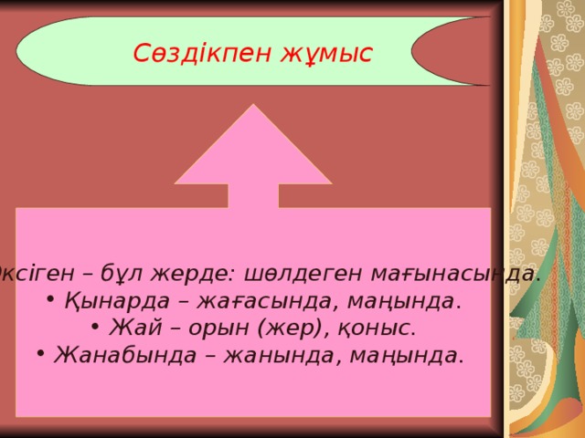 Сөздікпен жұмыс  Өксіген – бұл жерде: шөлдеген мағынасында.  Қынарда – жағасында, маңында.  Жай – орын (жер), қоныс.  Жанабында – жанында, маңында. 