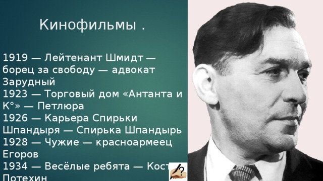 Кинофильмы . 1919 — Лейтенант Шмидт — борец за свободу — адвокат Зарудный 1923 — Торговый дом «Антанта и К°» — Петлюра 1926 — Карьера Спирьки Шпандыря — Спирька Шпандырь 1928 — Чужие — красноармеец Егоров 1934 — Весёлые ребята — Костя Потехин  ? 