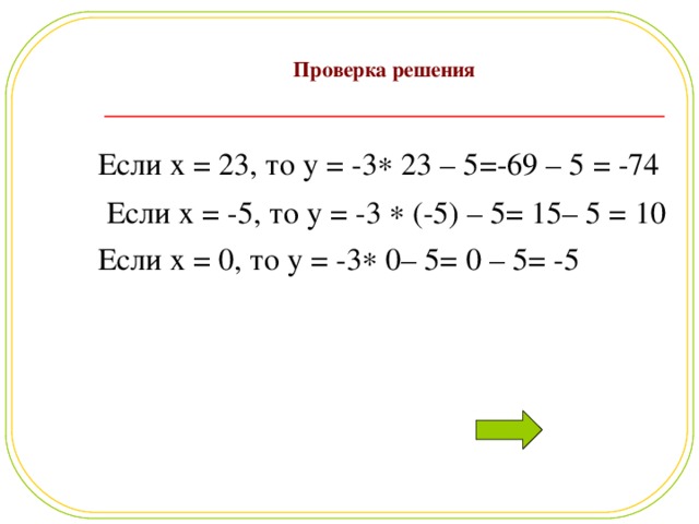 Проверка решения   Если x = 23 , то y = -3  23 – 5=-69 – 5 = -74  Если x = -5, то y = -3   (-5) – 5= 15– 5 = 10 Если x = 0, то y = -3   0 – 5= 0 – 5= -5   