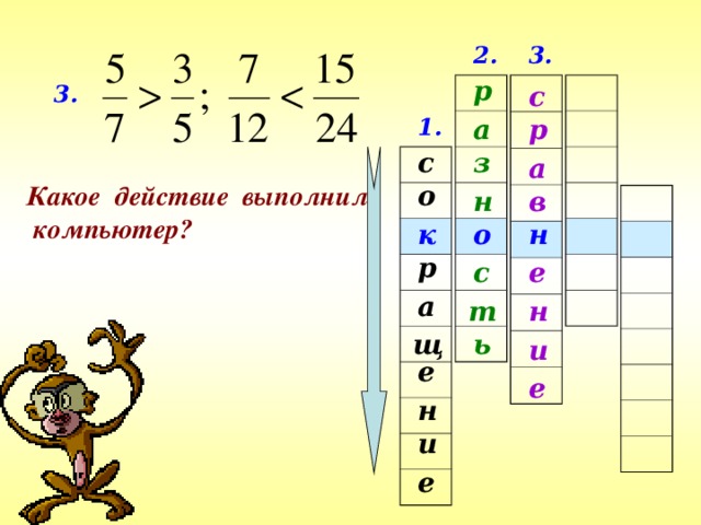 2. 3. р с 3. р а 1. з с а Какое действие выполнил  компьютер? о в н н о к р с е а т н ь щ и е е н и е 