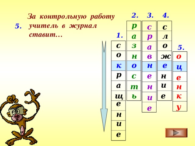 4. 3. За контрольную работу  учитель в журнал  ставит… 2. р с с 5. 1. л р а с о з а 5. о ж н о в к е н о ц р е с н е и а н т н к е щ ь и е у е н и е 