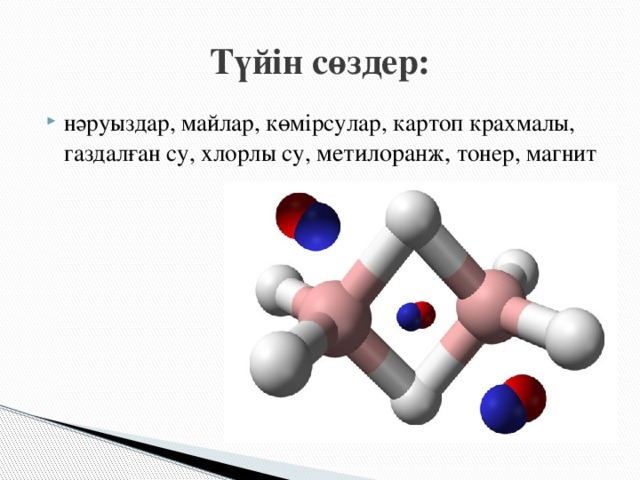 Түйін сөздер: нәруыздар, майлар, көмірсулар, картоп крахмалы, газдалған су, хлорлы су, метилоранж, тонер, магнит 