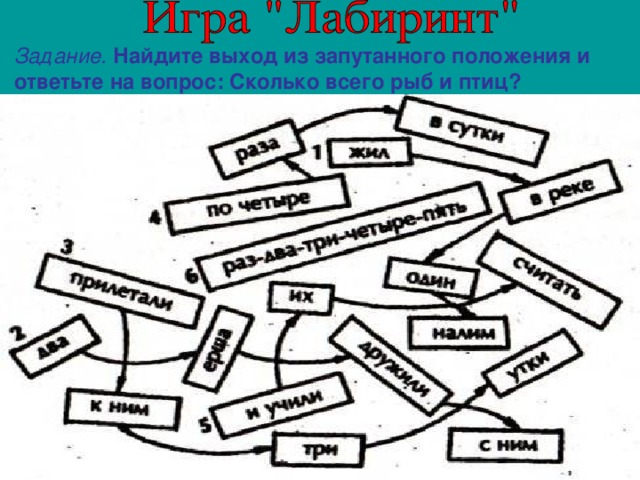 Задание. Найдите выход из запутанного положения и ответьте на вопрос: Сколько всего рыб и птиц? 