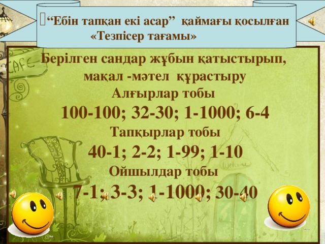 “ Ебін тапқан екі асар” қаймағы қосылған    «Тезпісер тағамы» Берілген сандар жұбын қатыстырып,  мақал - мәтел құрастыру Алғырлар тобы  100-100; 32-30; 1-1000; 6-4  Тапқырлар тобы  40-1; 2-2; 1-99; 1-10  Ойшылдар тобы  7-1; 3-3; 1-1000;  30-40   