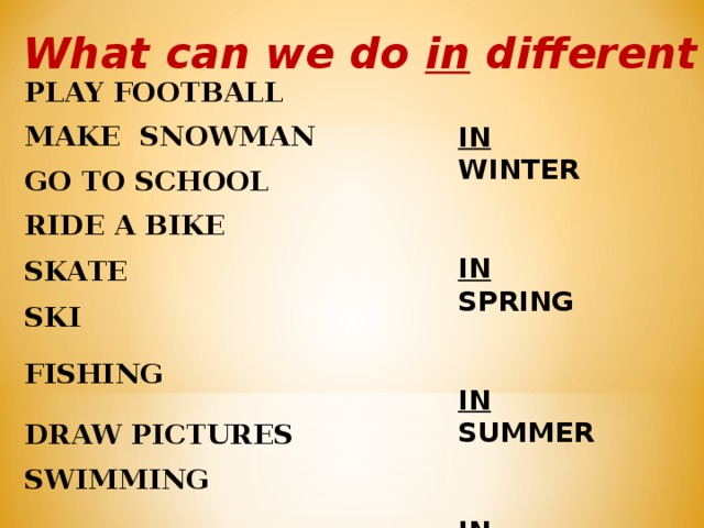 What can do. What can we do in Spring. What do we do in Winter. What can we do in Winter. What can we do in different Seasons.