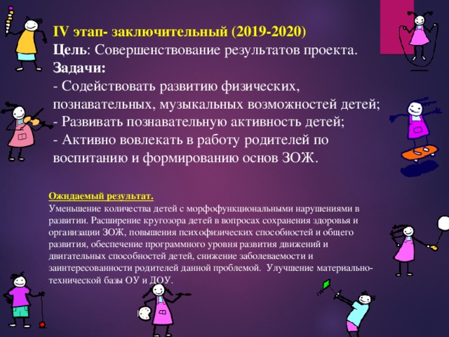 IV этап- заключительный (2019-2020) Цель : Совершенствование результатов проекта. Задачи: - Содействовать развитию физических, познавательных, музыкальных возможностей детей; - Развивать познавательную активность детей; - Активно вовлекать в работу родителей по воспитанию и формированию основ ЗОЖ. Ожидаемый результат. Уменьшение количества детей с морфофункциональными нарушениями в развитии. Расширение кругозора детей в вопросах сохранения здоровья и организации ЗОЖ, повышения психофизических способностей и общего развития, обеспечение программного уровня развития движений и двигательных способностей детей, снижение заболеваемости и заинтересованности родителей данной проблемой. Улучшение материально-технической базы ОУ и ДОУ. 