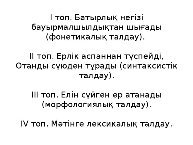 І топ. Батырлық негізі бауырмалшылдықтан шығады (фонетикалық талдау).   ІІ топ. Ерлік аспаннан түспейді, Отанды сүюден тұрады (синтаксистік талдау).   ІІІ топ. Елін сүйген ер атанады (морфологиялық талдау).   ІV топ. Мәтінге лексикалық талдау. 