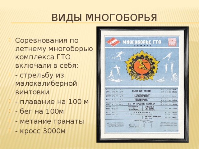 ВИДЫ МНОГОБОРЬЯ Соревнования по летнему многоборью комплекса ГТО включали в себя: - стрельбу из малокалиберной винтовки - плавание на 100 м - бег на 100м - метание гранаты - кросс 3000м 