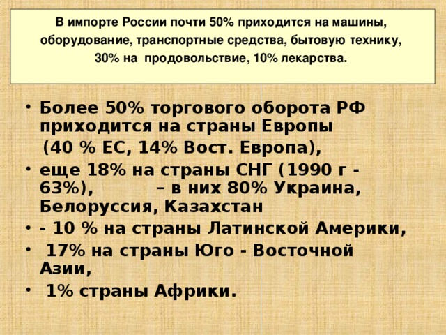В импорте России почти 50% приходится на машины, оборудование, транспортные средства, бытовую технику, 30% на продовольствие, 10% лекарства.  Более 50% торгового оборота РФ приходится на страны Европы  (40 % ЕС, 14% Вост. Европа), еще 18% на страны СНГ (1990 г - 63%), – в них 80% Украина, Белоруссия, Казахстан - 10 % на страны Латинской Америки,  17% на страны Юго - Восточной Азии,  1% страны Африки.   