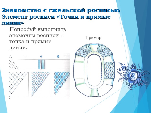 Знакомство с гжельской росписью  Элемент росписи «Точки и прямые линии»  Попробуй выполнить элементы росписи – точка и прямые линии. Пример 