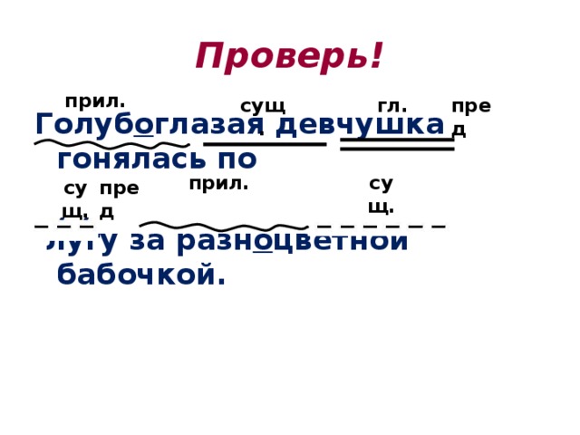 Проверь! прил. гл. пред сущ. Голуб о глазая девчушка гонялась по   лугу за разн о цветной бабочкой. сущ. прил. сущ. пред
