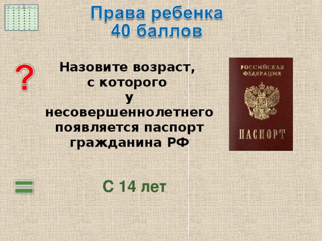 Назовите возраст, с которого у несовершеннолетнего появляется паспорт гражданина РФ С 14 лет 