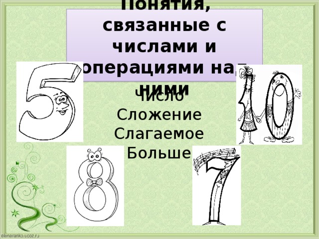  Понятия, связанные с числами и операциями над ними Число Сложение Слагаемое Больше 