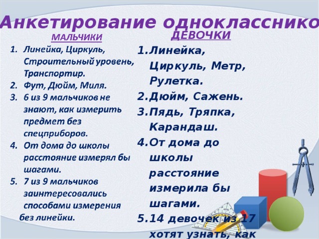 Анкетирование одноклассников ДЕВОЧКИ Линейка, Циркуль, Метр, Рулетка. Дюйм, Сажень. Пядь, Тряпка, Карандаш. От дома до школы расстояние измерила бы шагами. 14 девочек из 17 хотят узнать, как измерить без линейки. 