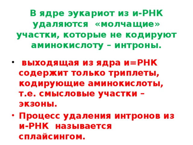 В ядре эукариот из и-РНК удаляются «молчащие» участки, которые не кодируют аминокислоту – интроны.  выходящая из ядра и=РНК содержит только триплеты, кодирующие аминокислоты, т.е. смысловые участки – экзоны. Процесс удаления интронов из и-РНК называется сплайсингом. 