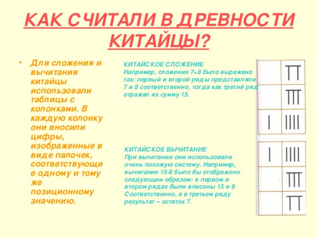 КАК СЧИТАЛИ В ДРЕВНОСТИ КИТАЙЦЫ? Для сложения и вычитания китайцы использовали таблицы с колонками. В каждую колонку они вносили цифры, изображенные в виде палочек, соответствующие одному и тому же позиционному значению. КИТАЙСКОЕ СЛОЖЕНИЕ Например, сложение 7+8 было выражено так: первый и второй ряды представляли 7 и 8 соответственно, тогда как третий ряд отражал их сумму 15. КИТАЙСКОЕ ВЫЧИТАНИЕ При вычитании они использовали очень похожую систему. Например, вычитание 15-8 было бы отображено следующим образом: в первом и втором рядах были вписаны 15 и 8 Соответственно, а в третьем ряду результат – остаток 7. 