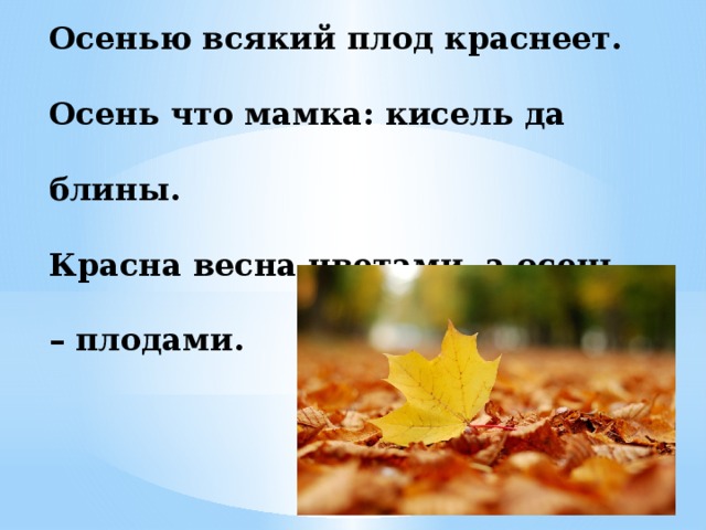 Осенью всякий плод краснеет. Осень что мамка: кисель да блины. Красна весна цветами, а осень – плодами. 
