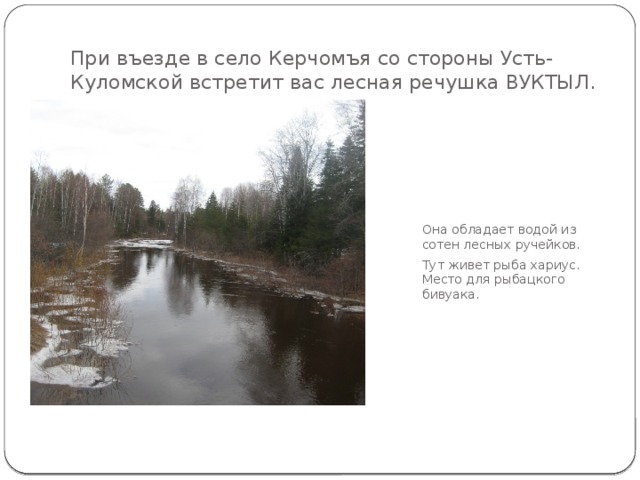 При въезде в село Керчомъя со стороны Усть-Куломской встретит вас лесная речушка ВУКТЫЛ. Она обладает водой из сотен лесных ручейков. Тут живет рыба хариус. Место для рыбацкого бивуака. 