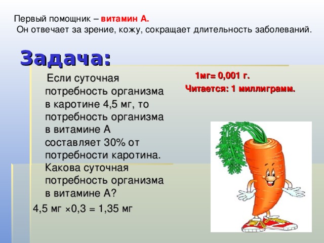 Первый помощник – витамин А.  Он отвечает за зрение, кожу, сокращает длительность заболеваний. Задача:  Если суточная потребность организма в каротине 4,5 мг, то потребность организма в витамине А составляет 30% от потребности каротина. Какова суточная потребность организма в витамине А? 4,5 мг ×0,3 = 1,35 мг   1мг= 0,001 г.  Читается: 1 миллиграмм.  